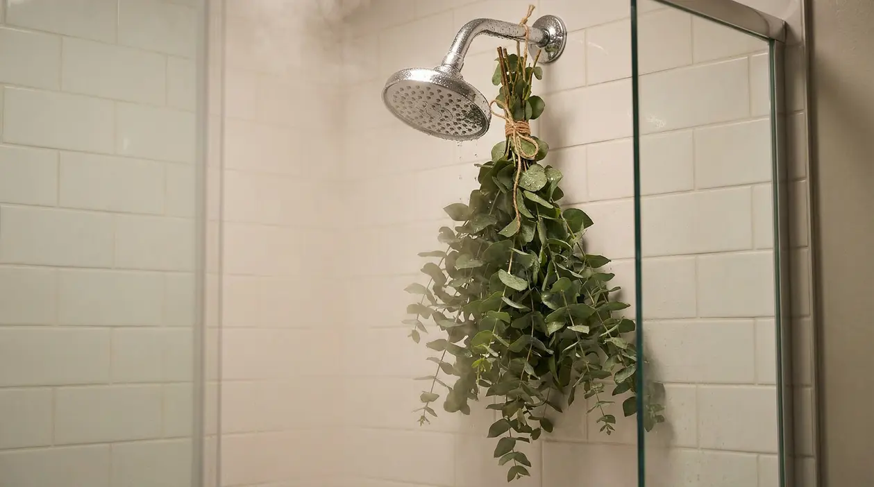 Mazzo di eucalipto appeso al soffione della doccia in un box doccia con piastrelle bianche