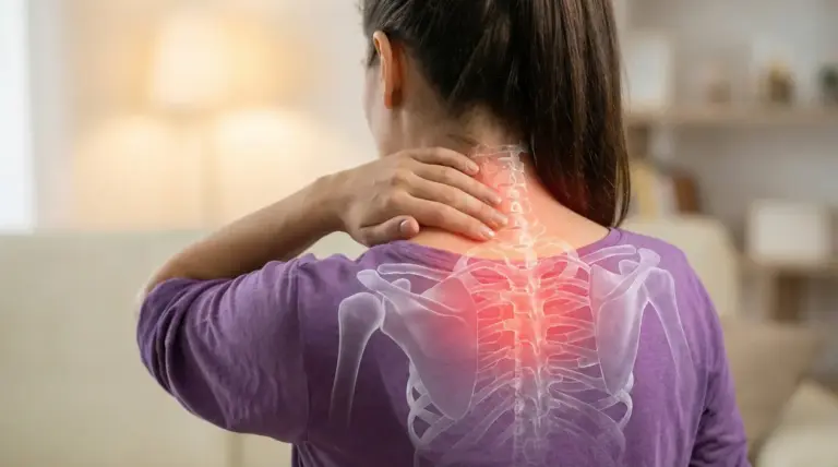 Una persona si tocca il collo con evidenza di dolore a cervicale e parte alta della schiena