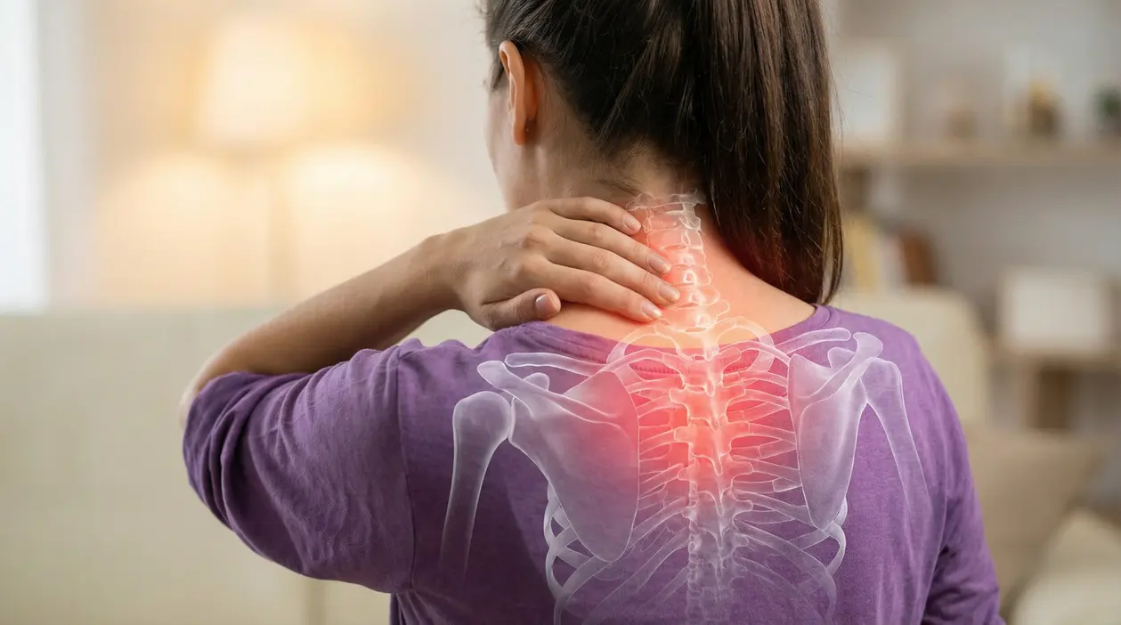 Una persona si tocca il collo con evidenza di dolore a cervicale e parte alta della schiena