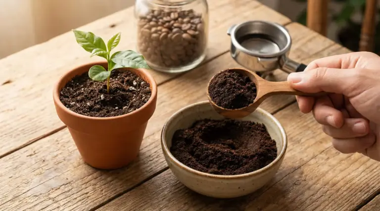 Mano che aggiunge fondi di caffè in un vaso con piantina su tavolo di legno, con ciotola di fondi accanto