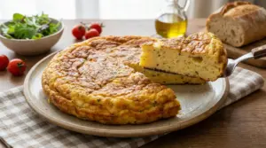 Frittata alta e soffice su un piatto, con una fetta sollevata su una spatola; sul tavolo insalata, pomodorini e pane