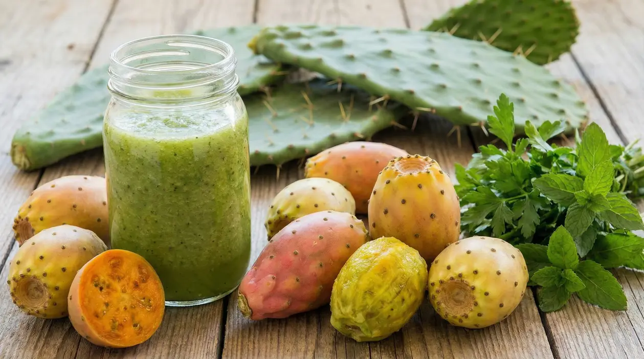 Frullato verde di fichi d’india in barattolo con frutti freschi e pale di cactus su tavolo di legno