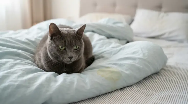Gatto grigio sul letto con una macchia di pipì sul piumone, in camera da letto