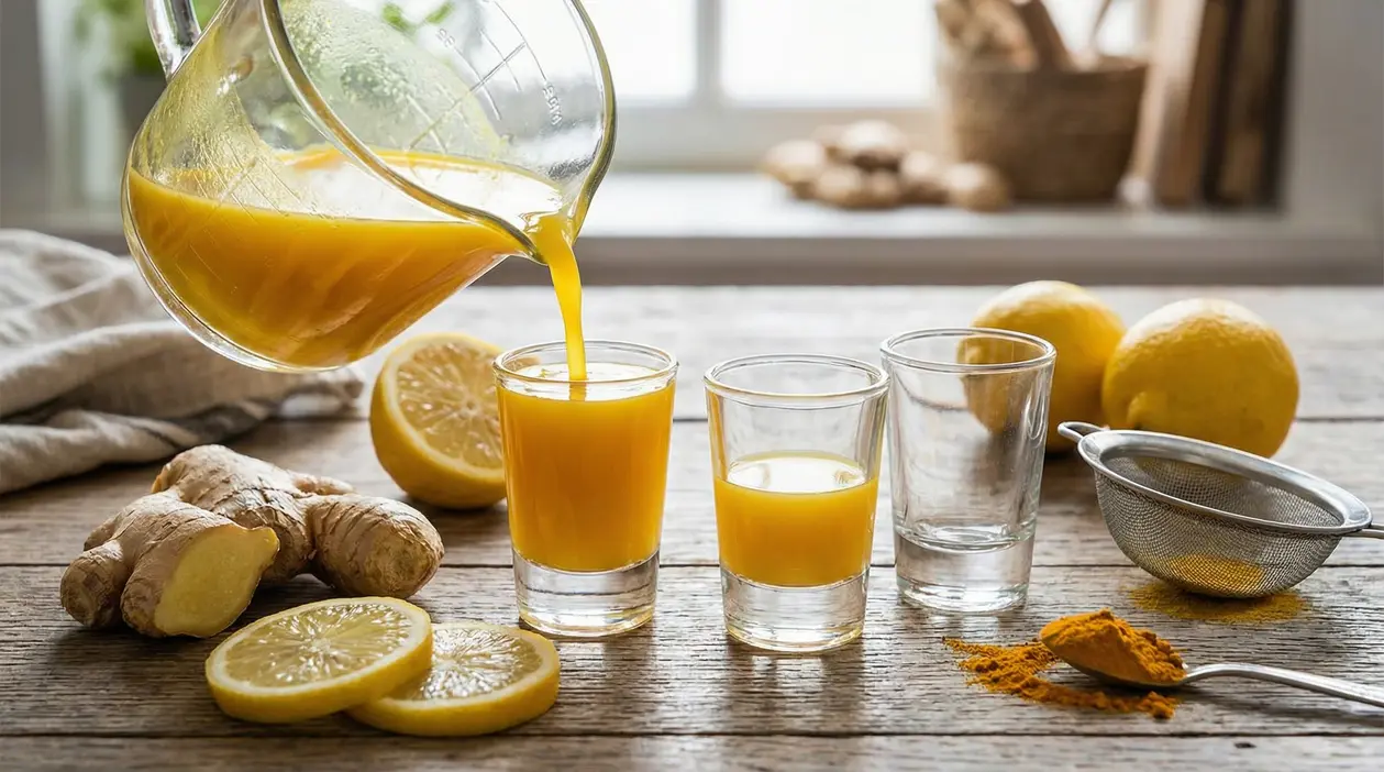 Versare ginger shot fatto in casa in bicchierini, con zenzero e limoni su un tavolo di legno
