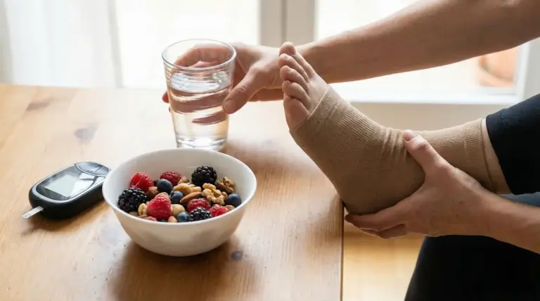 Persona con piede fasciato vicino a glucometro, bicchiere d’acqua e ciotola di frutta secca e frutti di bosco