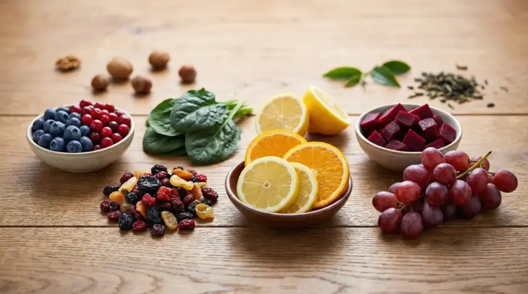 Alimenti ricchi di antiossidanti su tavolo: frutti di bosco, spinaci, agrumi, barbabietola, uva e frutta secca