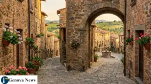 Vicolo in un borgo italiano con case in pietra, arco medievale, vasi di fiori e colline verdi sullo sfondo