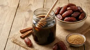 Barattolo di sciroppo di datteri con cucchiaio, accanto a datteri interi e zucchero di canna su tavolo di legno