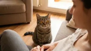 Gatto tigrato seduto sul pavimento che fissa una persona sul divano in salotto