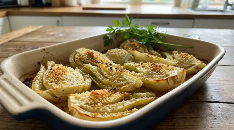 Finocchi al forno gratinati in teglia con crosticina dorata e prezzemolo fresco