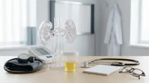 Modello di reni su scrivania medica con campione di urina, sfigmomanometro e stetoscopio per controlli renali