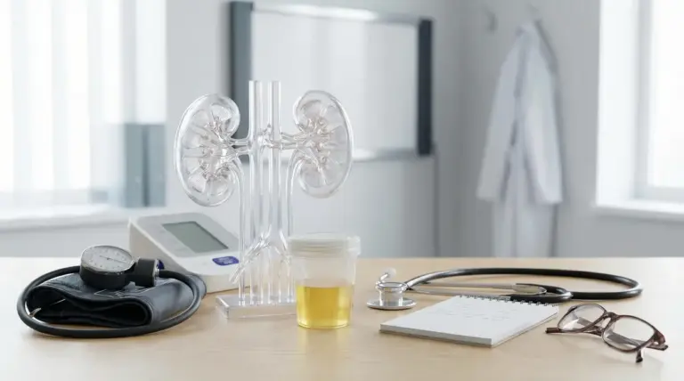 Modello di reni su scrivania medica con campione di urina, sfigmomanometro e stetoscopio per controlli renali