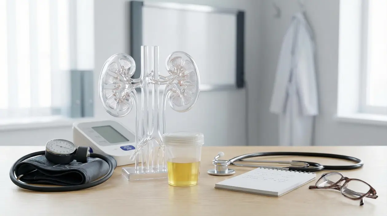 Modello di reni su scrivania medica con campione di urina, sfigmomanometro e stetoscopio per controlli renali