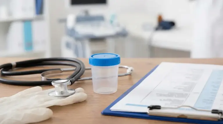 Contenitore per analisi delle urine, stetoscopio e cartella clinica su un tavolo in ambulatorio medico