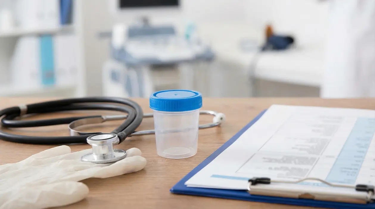 Contenitore per analisi delle urine, stetoscopio e cartella clinica su un tavolo in ambulatorio medico