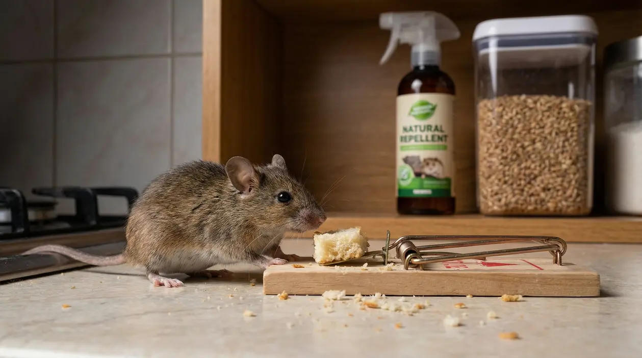 Topo in cucina vicino a una trappola con esca e briciole sul pavimento, accanto a dispensa con contenitori di cibo