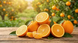 Arance intere e tagliate con foglie su un tavolo di legno, con agrumeto sullo sfondo