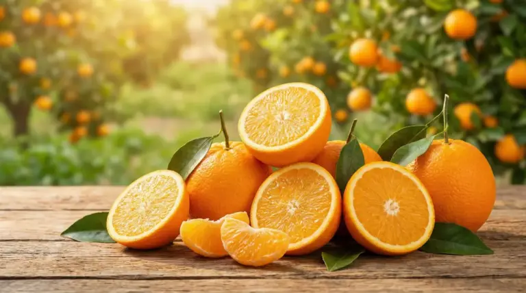 Arance intere e tagliate con foglie su un tavolo di legno, con agrumeto sullo sfondo