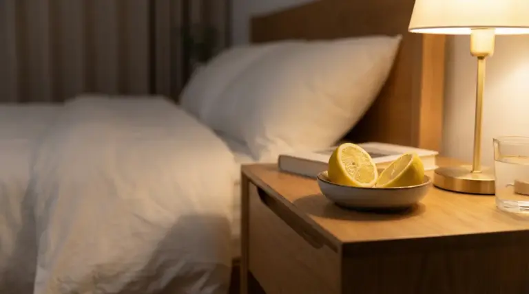 Due metà di limone in una ciotola sul comodino accanto a una lampada, con letto sullo sfondo