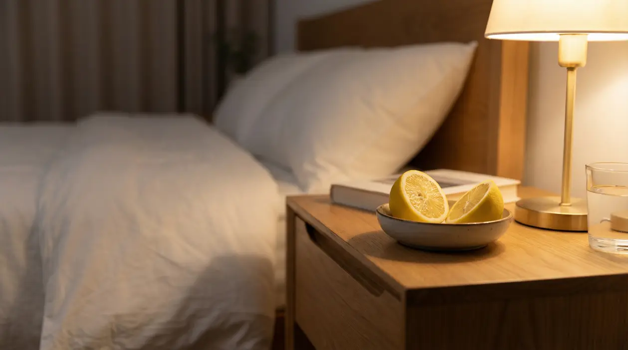 Due metà di limone in una ciotola sul comodino accanto a una lampada, con letto sullo sfondo