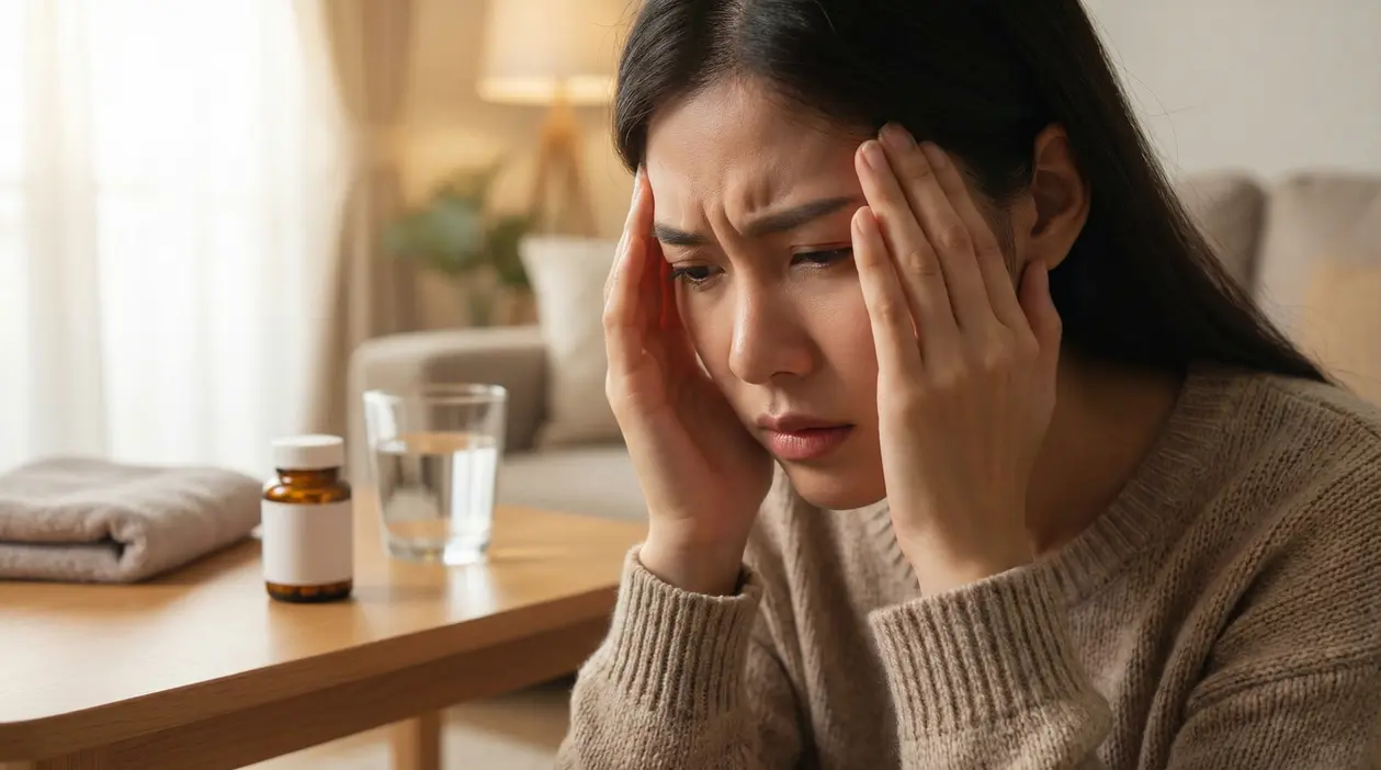 Donna seduta in casa con le mani alle tempie, visibilmente sofferente per il mal di testa