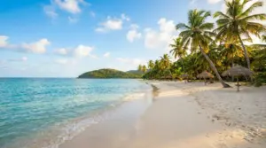 Spiaggia tropicale con mare turchese, sabbia chiara, palme e ombrelloni in paglia, con costa verde sullo sfondo