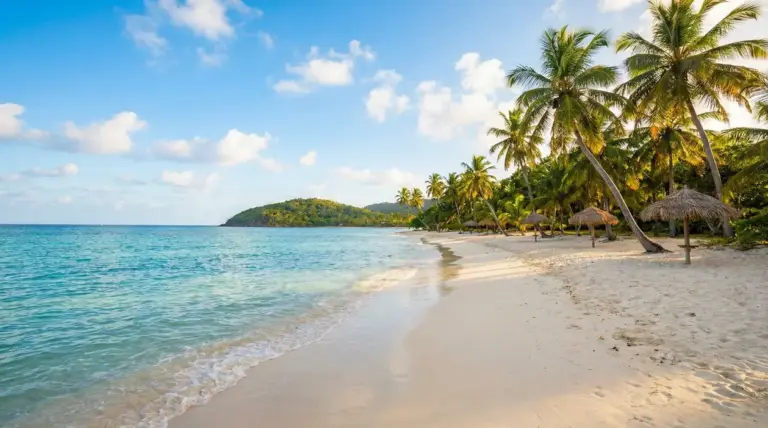 Spiaggia tropicale con mare turchese, sabbia chiara, palme e ombrelloni in paglia, con costa verde sullo sfondo