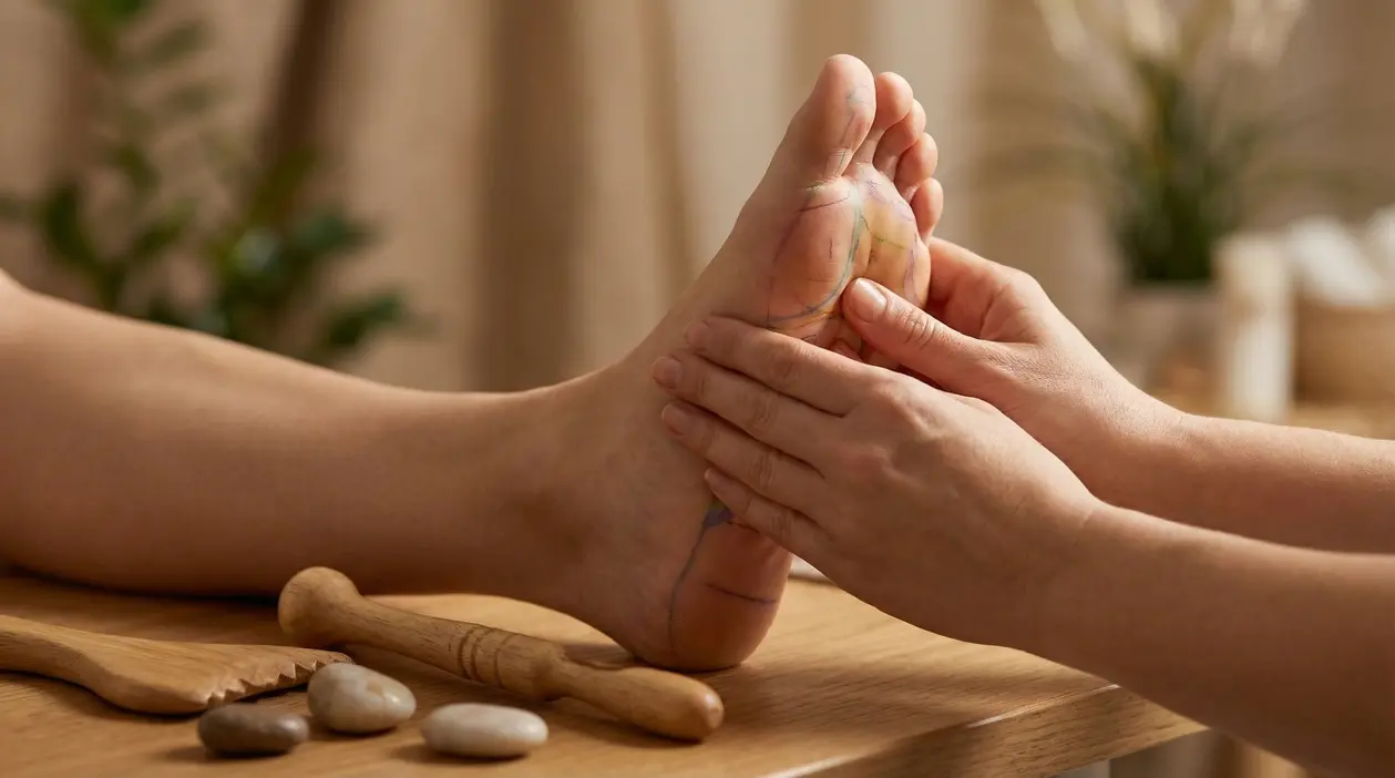 Primo piano di una persona che massaggia la pianta del piede, indicando un punto di pressione per il benessere
