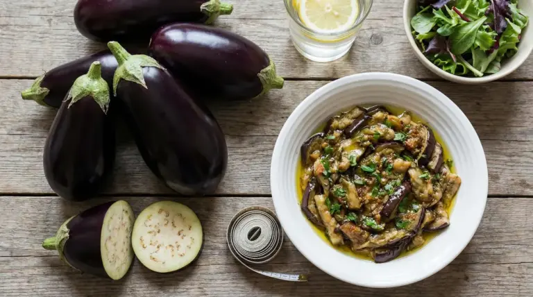 Melanzane crude e piatto di melanzane cotte con erbe e olio su tavolo di legno, con limone e insalata