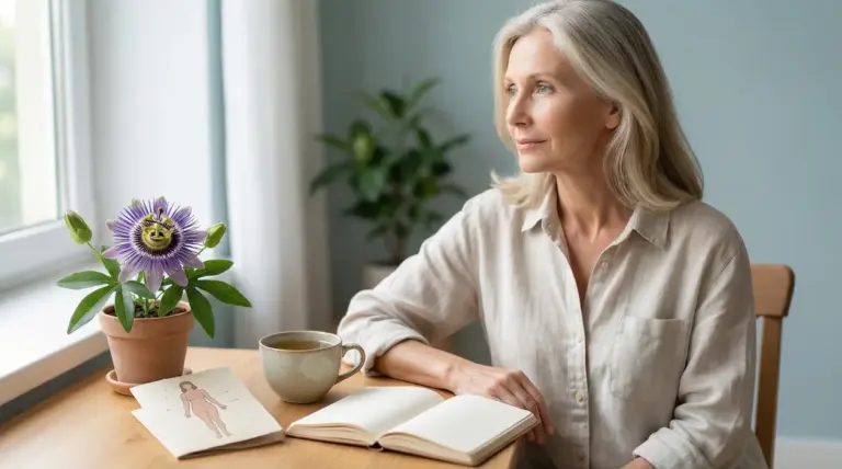Donna matura seduta al tavolo vicino a una finestra, con tazza di tè, quaderno aperto e pianta in vaso.