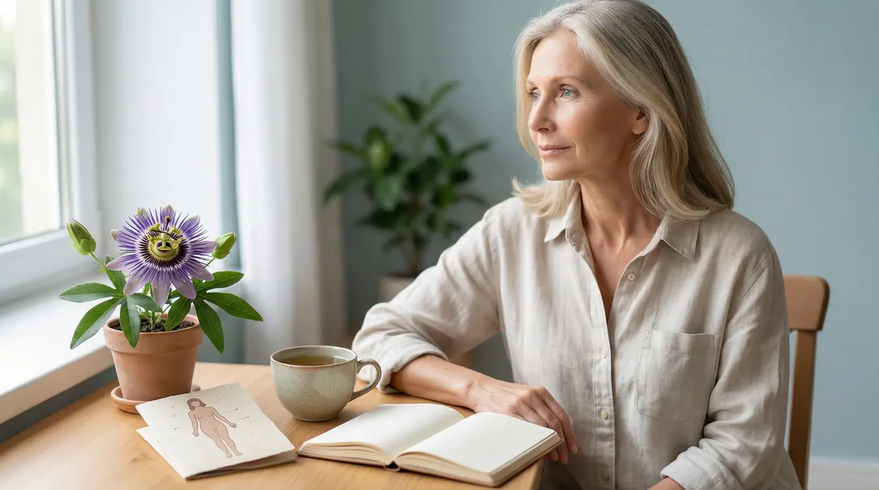 Donna matura seduta al tavolo vicino a una finestra, con tazza di tè, quaderno aperto e pianta in vaso.