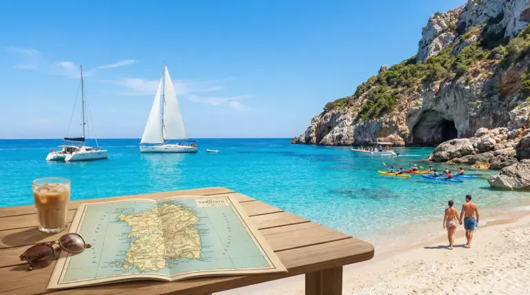 Spiaggia in Sardegna con mare turchese, barche a vela, kayak e una mappa dell’isola su un tavolo in primo piano
