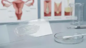 Vetrino da laboratorio con campione di muco e tampone, con diagrammi dell’apparato riproduttivo sullo sfondo