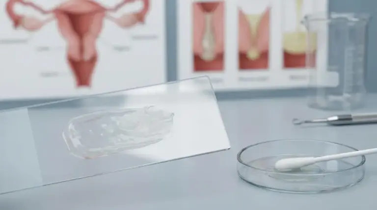 Vetrino da laboratorio con campione di muco e tampone, con diagrammi dell’apparato riproduttivo sullo sfondo