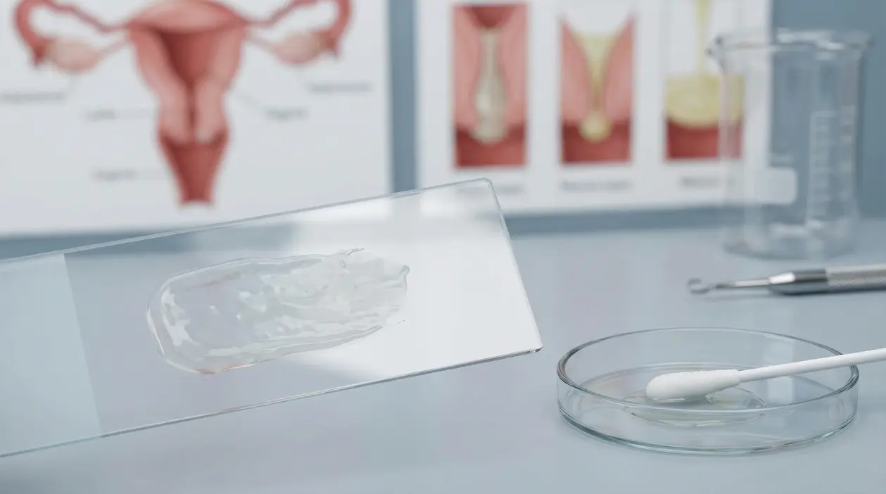 Vetrino da laboratorio con campione di muco e tampone, con diagrammi dell’apparato riproduttivo sullo sfondo