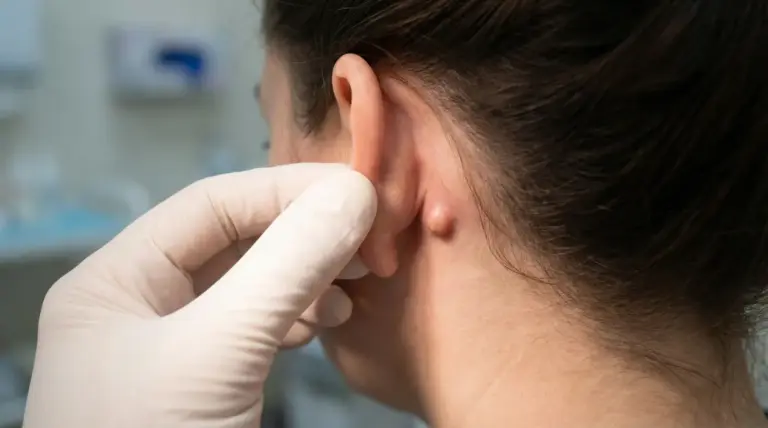 Medico con guanto esamina un nodulo dietro l’orecchio di una persona durante una visita