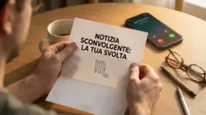 Persona seduta a un tavolo legge una lettera mentre uno smartphone squilla accanto a tazza di caffè e occhiali