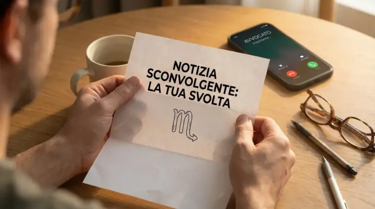 Persona seduta a un tavolo legge una lettera mentre uno smartphone squilla accanto a tazza di caffè e occhiali