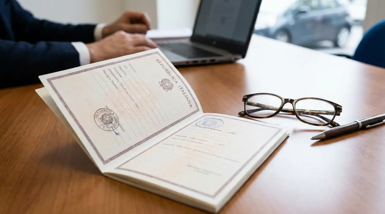 Documento amministrativo italiano su scrivania con laptop, occhiali e penna, in contesto di pratica per agevolazione legge 104