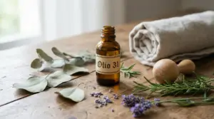 Boccetta di Olio 31 su tavolo con piante aromatiche e accessori da massaggio