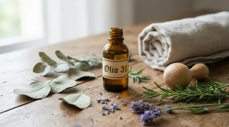 Boccetta di Olio 31 su tavolo con piante aromatiche e accessori da massaggio