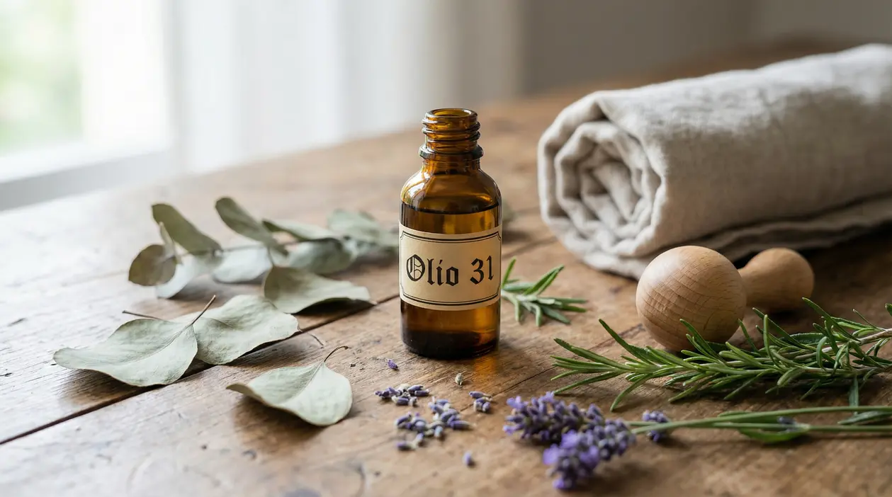 Boccetta di Olio 31 su tavolo con piante aromatiche e accessori da massaggio