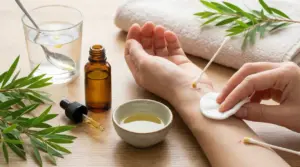 Applicazione di olio di tea tree sul polso con cotton fioc, accanto a flacone con contagocce e ciotolina di olio