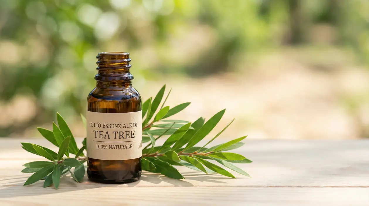 Flacone di olio essenziale di tea tree in vetro ambrato con rametti e foglie verdi su tavolo di legno