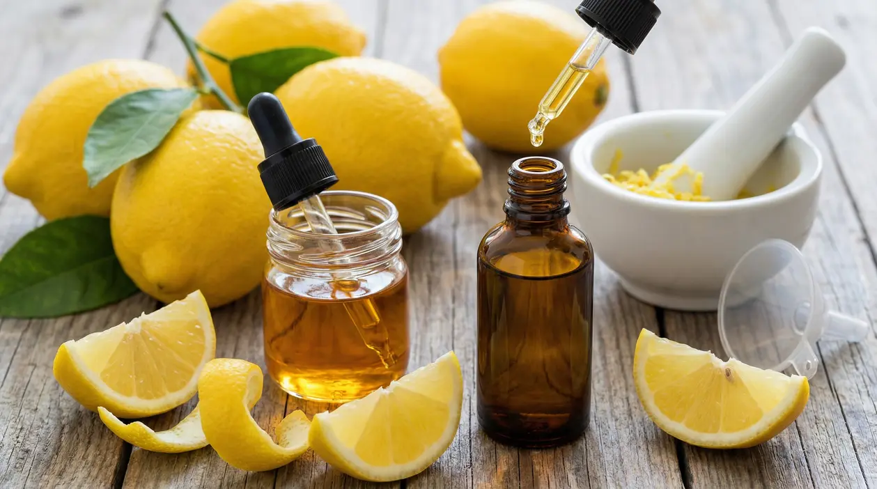 Limoni, scorze e boccette con contagocce su tavolo in legno, preparazione dell’olio essenziale di limone in casa
