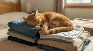 Gatto arancione che dorme su una pila di vestiti piegati sul letto, illuminato dalla luce della finestra