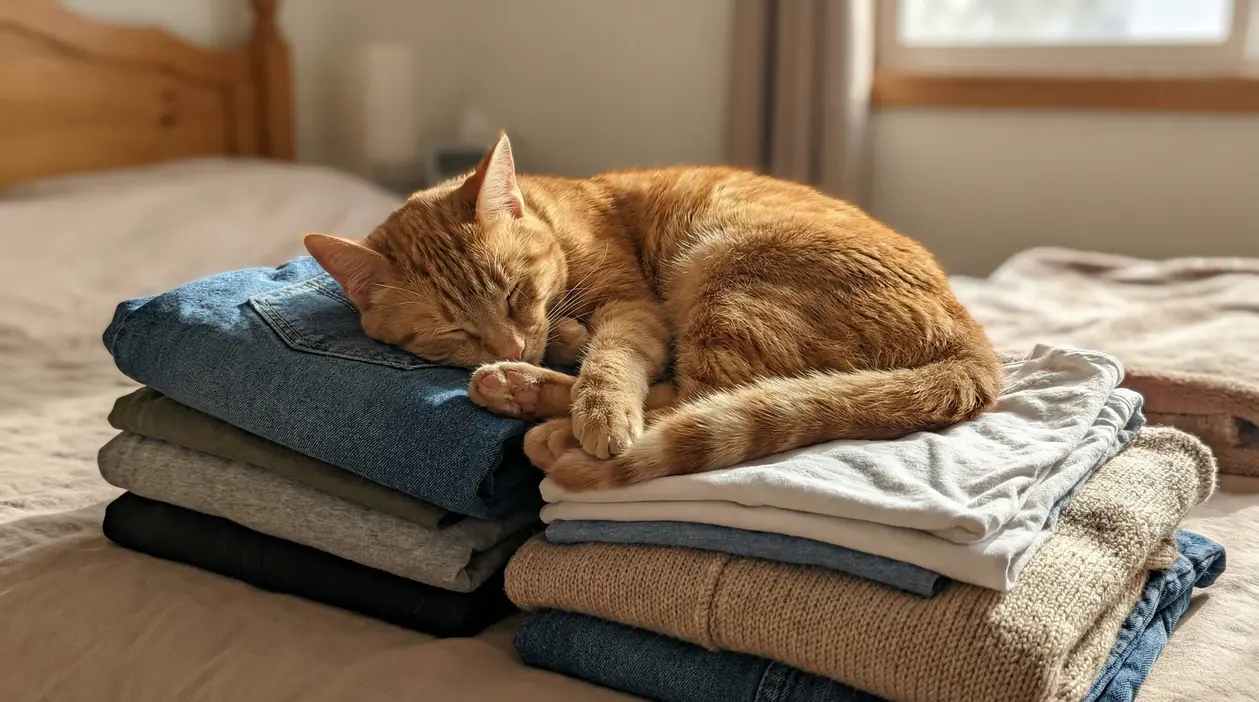 Gatto arancione che dorme su una pila di vestiti piegati sul letto, illuminato dalla luce della finestra