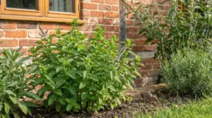 Pianta aromatica in giardino vicino a un muro di mattoni, con un topo sul terreno accanto alle piante