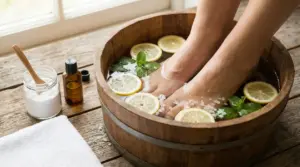 Pediluvio in bacinella di legno con acqua, fette di limone, menta e sale, con piedi immersi