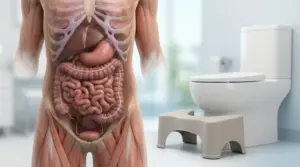 Illustrazione dell’apparato digerente umano accanto a un WC con sgabello per la postura corretta in bagno